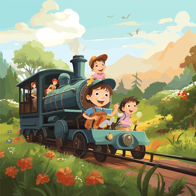 Niños viajando en el tren en la ilustración de vector de parque