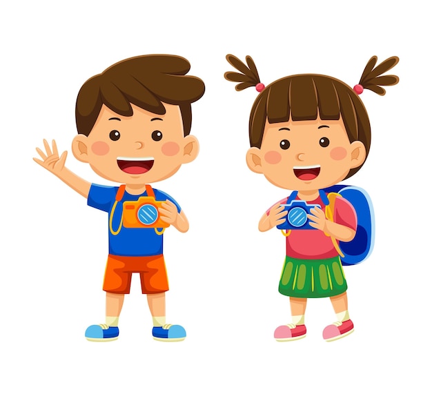 niños viajeros con cámara tomando fotos en ilustración vectorial