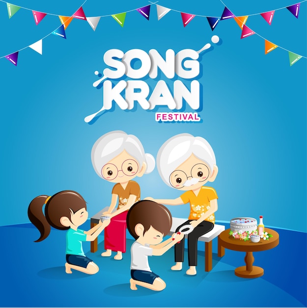 Los niños vierten agua en las manos de los ancianos venerados y piden su bendición. 13 de abril Día Nacional de las Personas Mayores, Festival de Song kran Ilustración