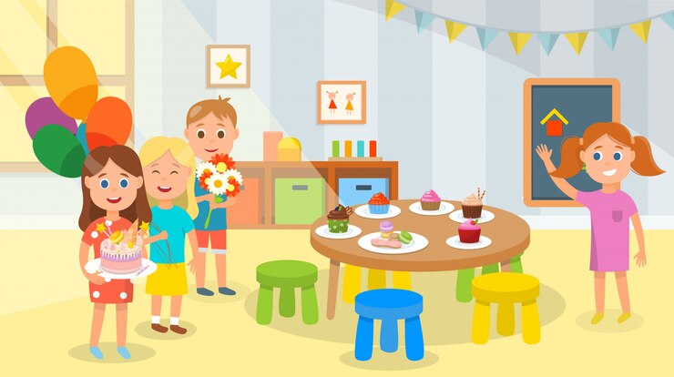 Vector los niños vinieron a felicitar a un amigo con cumpleaños