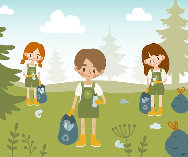 Niños voluntarios recogen basura en el bosque.