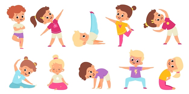 Vector niños yoga posturas gimnásticas infantiles estiran y equilibran la colección de actividades deportivas para niños niños y niñas felices y flexibles en posición de meditación de loto y asana estilo de vida saludable vector conjunto aislado