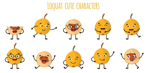 Níspero, fruta, lindo, divertido, alegre, personajes, con, diferente, poses, y, emociones