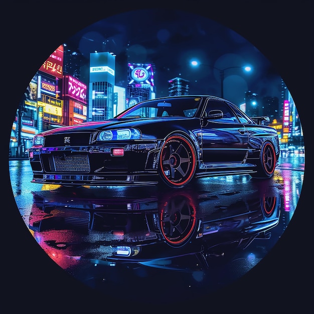 Nissan Skyline en un diseño de camiseta en círculo