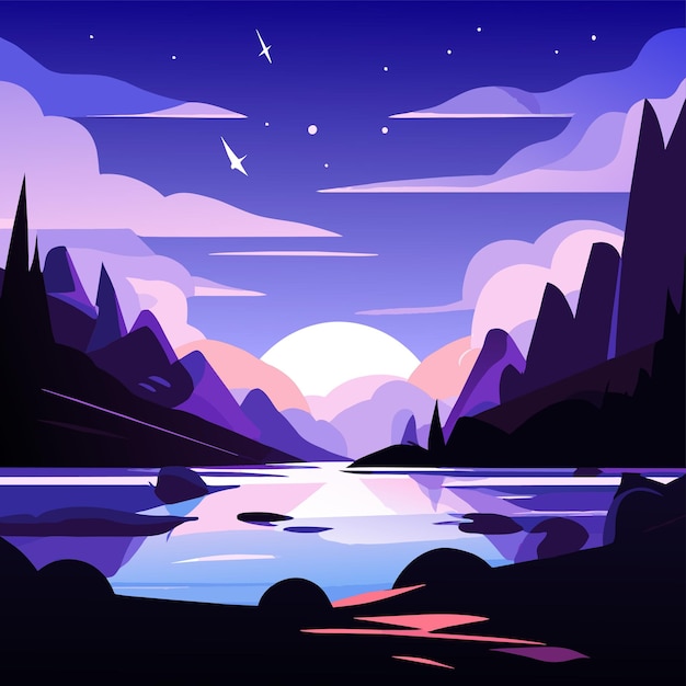 Nite lago retro puesta de sol paisaje paisaje dibujado a mano plano elegante pegatina de dibujos animados concepto de icono