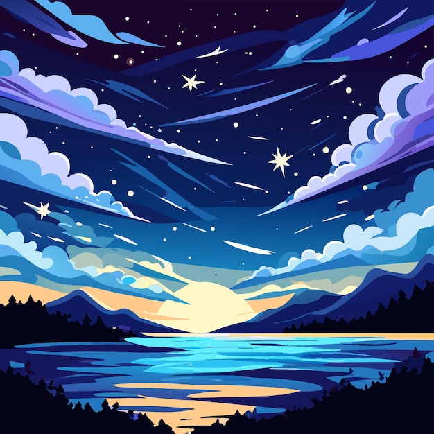 Vector nite lago retro puesta de sol paisaje paisaje dibujado a mano plano elegante pegatina de dibujos animados concepto de icono