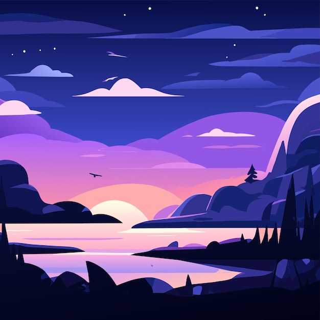Vector nite lago retro puesta de sol paisaje paisaje dibujado a mano plano elegante pegatina de dibujos animados concepto de icono