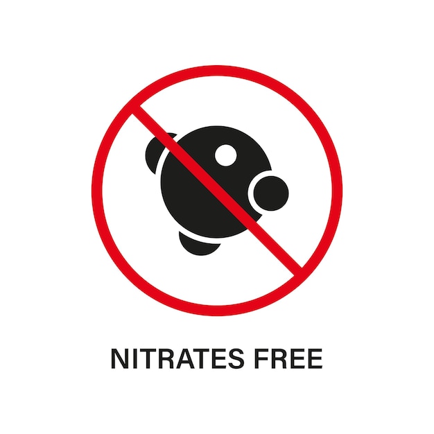 Nitritos en ingredientes alimentarios Señal de alto Símbolo prohibido de nitrato Icono negro de silueta libre de nitratos