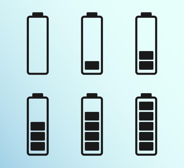 Nivel de bateria. indicador de batería del teléfono. nivel de acumulador bajo y completo. conjunto de iconos de capacidad de nivel