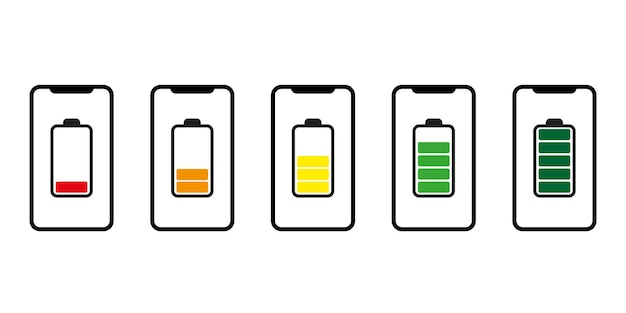 Nivel de batería del teléfono inteligente de bajo a máximo. Conjunto de iconos sobre fondo blanco. eps 10