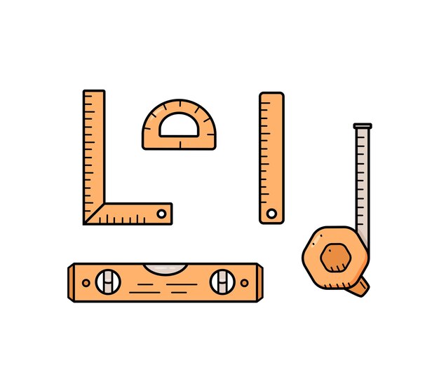 Nivel de construcción regla ruleta centímetro Doodle conjunto de herramientas de medición ilustración vectorial