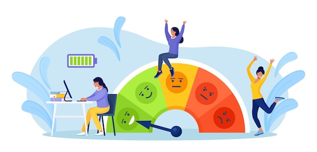 Nivel de estrés bajo, indicador de buen humor. Mujer de negocios enérgica que trabaja en la mesa con la computadora. Chica activa completamente cargada. Empleado mentalmente sano. Productividad profesional, motivación, entusiasmo