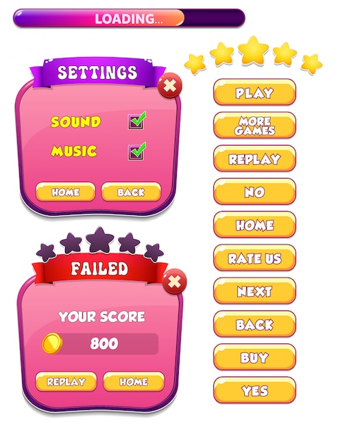 Vector nivel fallido y pantalla emergente del menú de configuración con estrellas y botón