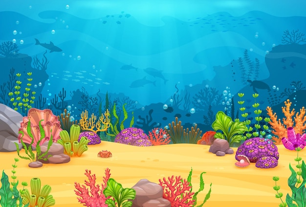 Nivel de juego Paisaje submarino de dibujos animados con algas, corales y arrecifes, animales marinos y peces, océano vectorial bajo el agua, fondo con delfines, tiburones, cangrejos, tortugas marinas y algas en olas de agua azul.