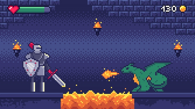 Nivel de juego de pixel art. Hero warrior lucha contra el dragón de 8 bits, los niveles de videojuegos de píxeles, el paisaje de la escena y la ilustración de juegos retro