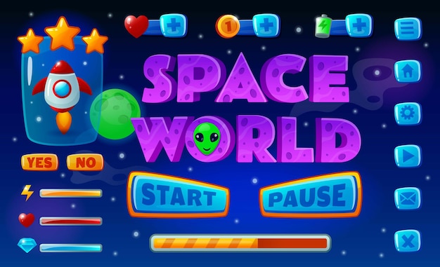 Nivel de juego UI interfaz completa Mundo espacial Iconos de premios de dibujos animados Elementos de juegos de aventura de galaxia Menú logotipo Tabla de juego Ganador de la nave espacial Signos GUI conjunto Vector fondo ordenado