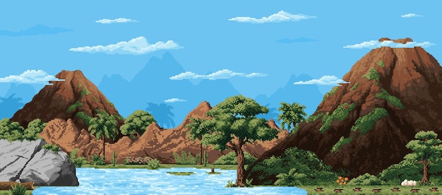Nivel de paisaje prehistórico del juego de arte de 8 bits de píxeles