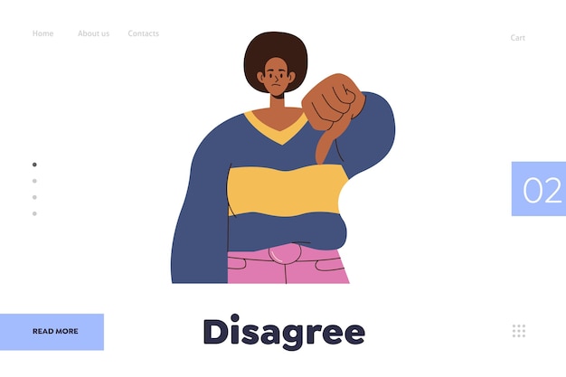 No estoy de acuerdo con la plantilla de la página de destino con una mujer de dibujos animados que muestra un gesto de disgusto dando comentarios negativos