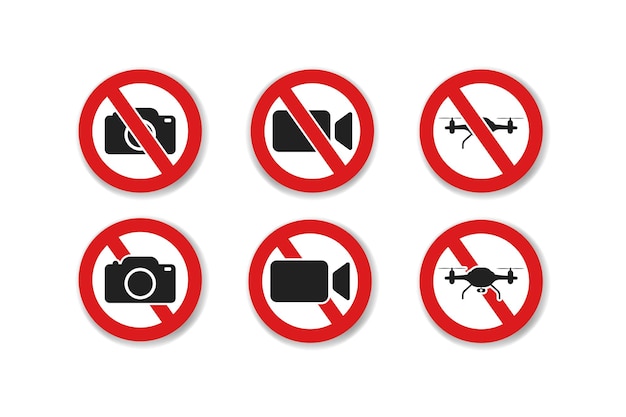 No fotografiar el icono de símbolo de señal de prohibición prohibido grabar fotografía y video detener ninguna señal de zona de drones no volar cámara video drones firmar vector icono 10 eps