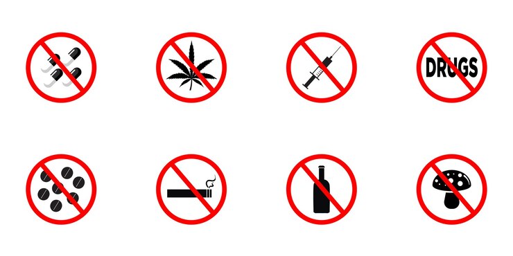 No fumar cigarrillos beber alcohol tomar drogas y pastillas silueta negra icono adicción prohibido pictograma advertencia no narcótico zona de dopaje símbolo de parada rojo ilustración vectorial aislada