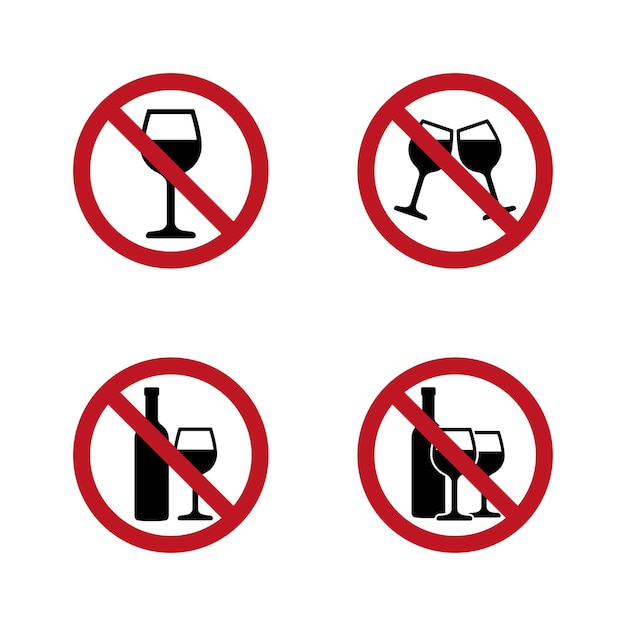 No hay carteles de alcohol con vino y copa de vino. Vector