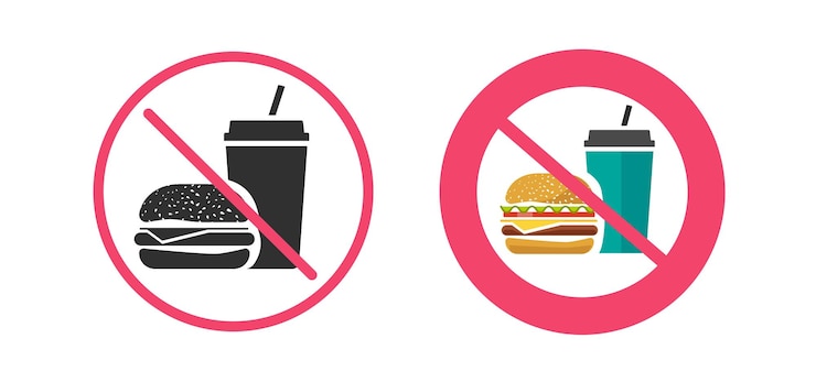 Vector no hay comida y bebida chatarra signo icono ilustración gráfica conjunto plano forma de dibujos animados silueta imagen