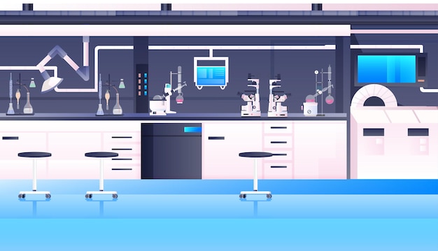 No hay gente vacía laboratorio de investigación química con diferentes equipos científico en el lugar de trabajo ciencia educación concepto moderno laboratorio horizontal interior