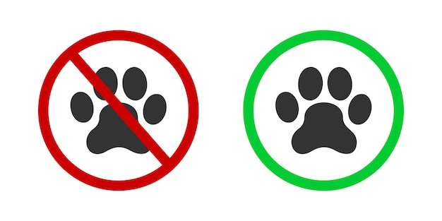 Vector no hay mascotas y no se permiten mascotas iconos prohibición de animales y etiquetas de zona amistosa prohibidos y signos de permiso con silueta de huella de pata aislada sobre fondo blanco