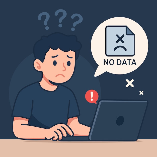 No hay mensaje de error de ilustración de vector de datos en la computadora portátil con advertencia de fallo de hombre y sistema confuso