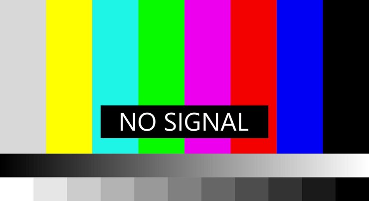 Vector no hay señal de tv. al no obtener un símbolo de señal, la pantalla muestra un mensaje de error de patrón de barras de color, problema con la conexión. 4k, resoluciones full hd. ilustración vectorial.