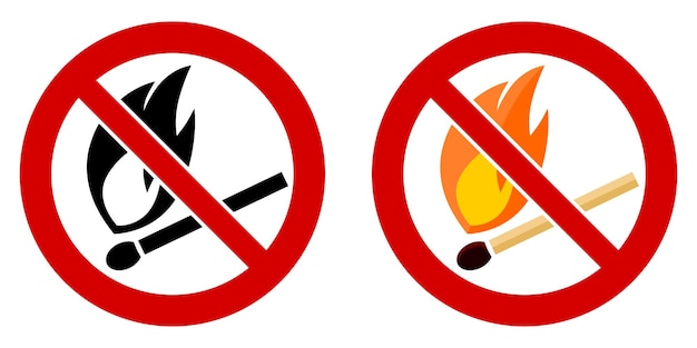 Vector no hay símbolo de quema de fuego abierto. partido con llama en círculo cruzado rojo.