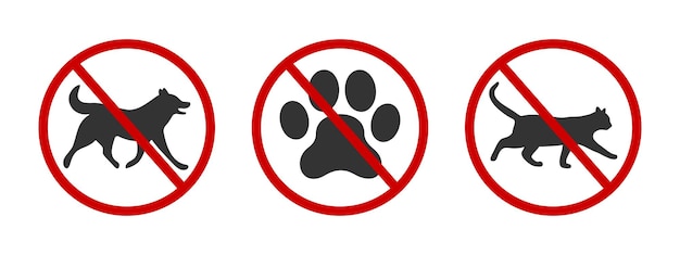 No se permiten mascotas iconos animales domésticos caminando señales de zona de prohibición perros o gatos prohibidas etiquetas para parques hoteles restaurantes aislados sobre fondo blanco