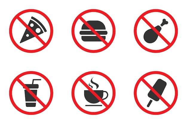 No se permiten símbolos de comida Conjunto de iconos prohibidos de comida rápida Ilustración de vector plano