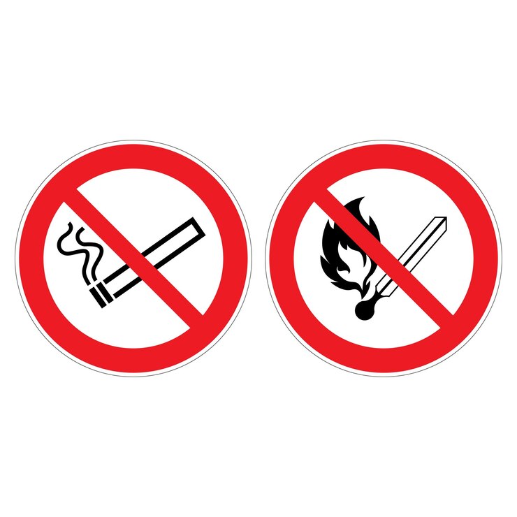 Vector no se puede fumar, no se puede encender fuego, no se pueden encender fuentes de llamas abiertas y no se puede fumar en fondo blanco.