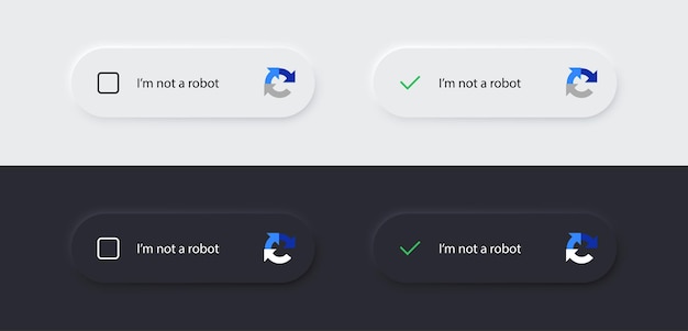 No soy un conjunto de botones de captcha de robot Botones oscuros y blancos Formulario de seguridad del sitio web Estilo de neumorfismo