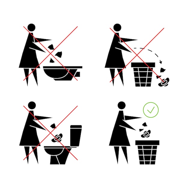No tire las toallas sanitarias en el inodoro Mujer lavando las toallas sanitarias Icono prohibido