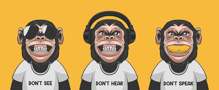 Vector no veas no oigas no hables vector mono chimpancé sonriente con gafas de sol auriculares tipografía de plátano cita monos divertidos para arte de pared camiseta estampado de póster dibujos animados mono chimpancé lindo