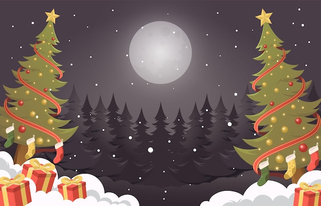 Una noche blanca de Navidad con regalos y árboles de hoja perenne