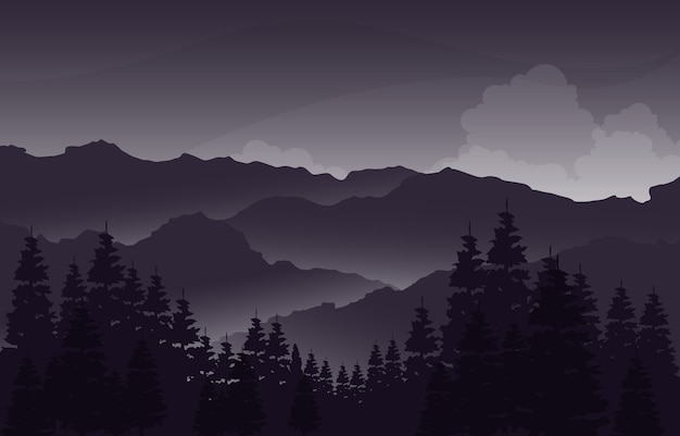 Noche Calma Montaña Bosque Naturaleza Salvaje Paisaje Ilustración Monocromo