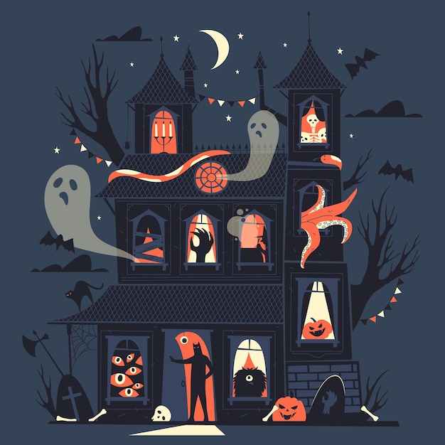 Noche, castillo de halloween, con, fantasmas, vector, ilustración, espeluznante, o, aterrador, tarjeta, o, cartel