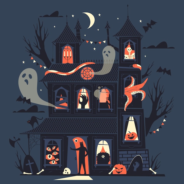 Vector noche, castillo de halloween, con, fantasmas, vector, ilustración, espeluznante, o, aterrador, tarjeta, o, cartel