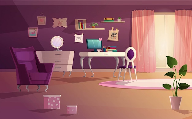 Noche chica habitación interior en colores rosa y violeta.