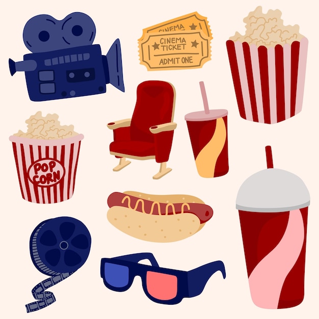 Noche de cine y cine Lindo conjunto de ilustraciones dibujadas a mano