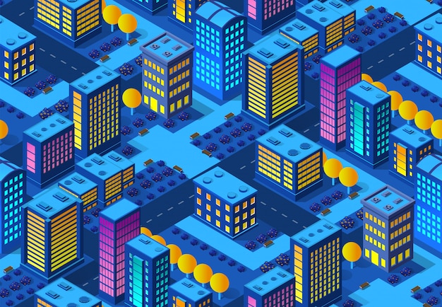La noche ciudad inteligente patrón de fondo transparente 3D futuro neón ultravioleta conjunto de edificios isométricos de infraestructura urbana.