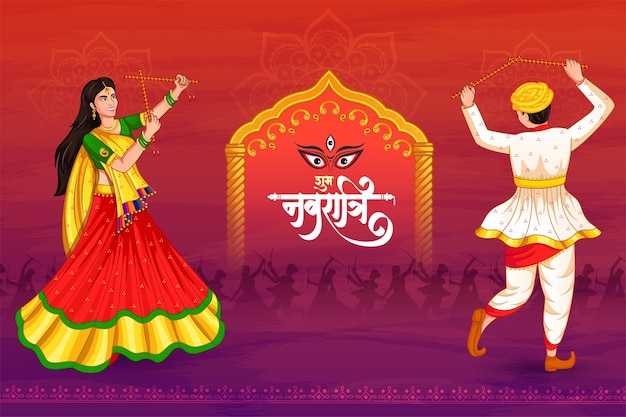 Noche de Dandiya, pareja de baile en Navratri, feliz Durga Puja y Navratri