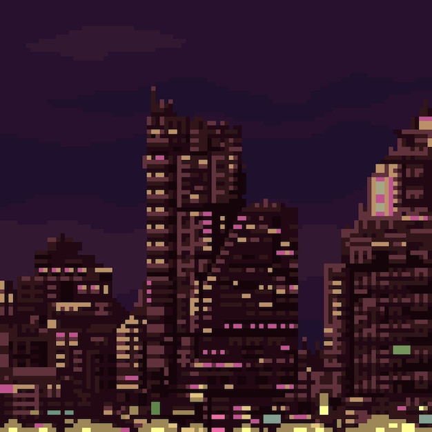 Vector noche de edificio de la ciudad de pixel art