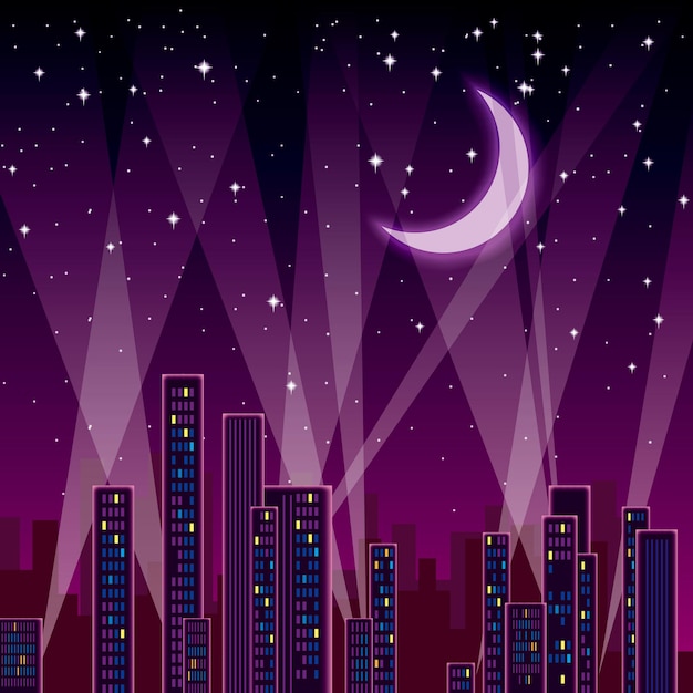 Vector noche encantadora. los edificios de la ciudad están bajo la luz de la luna.
