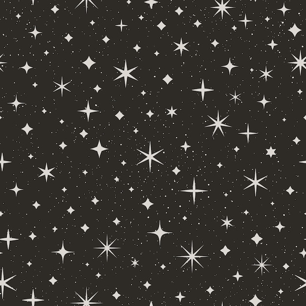 Noche estrellada cielo de patrones sin fisuras. Fondo del vector del espacio. Textura negra abstracta con estrellas y puntos blancos para imprimir en textiles, papel de regalo, papeles pintados