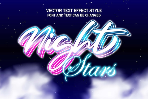 Vector noche estrellas luz de neón tema brillante tipografía efecto de texto editable estilo de fuente plantilla brillante