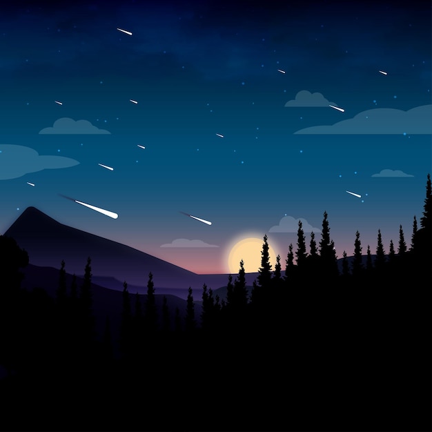 Vector noche con estrellas y meteoritos paisaje vectorial